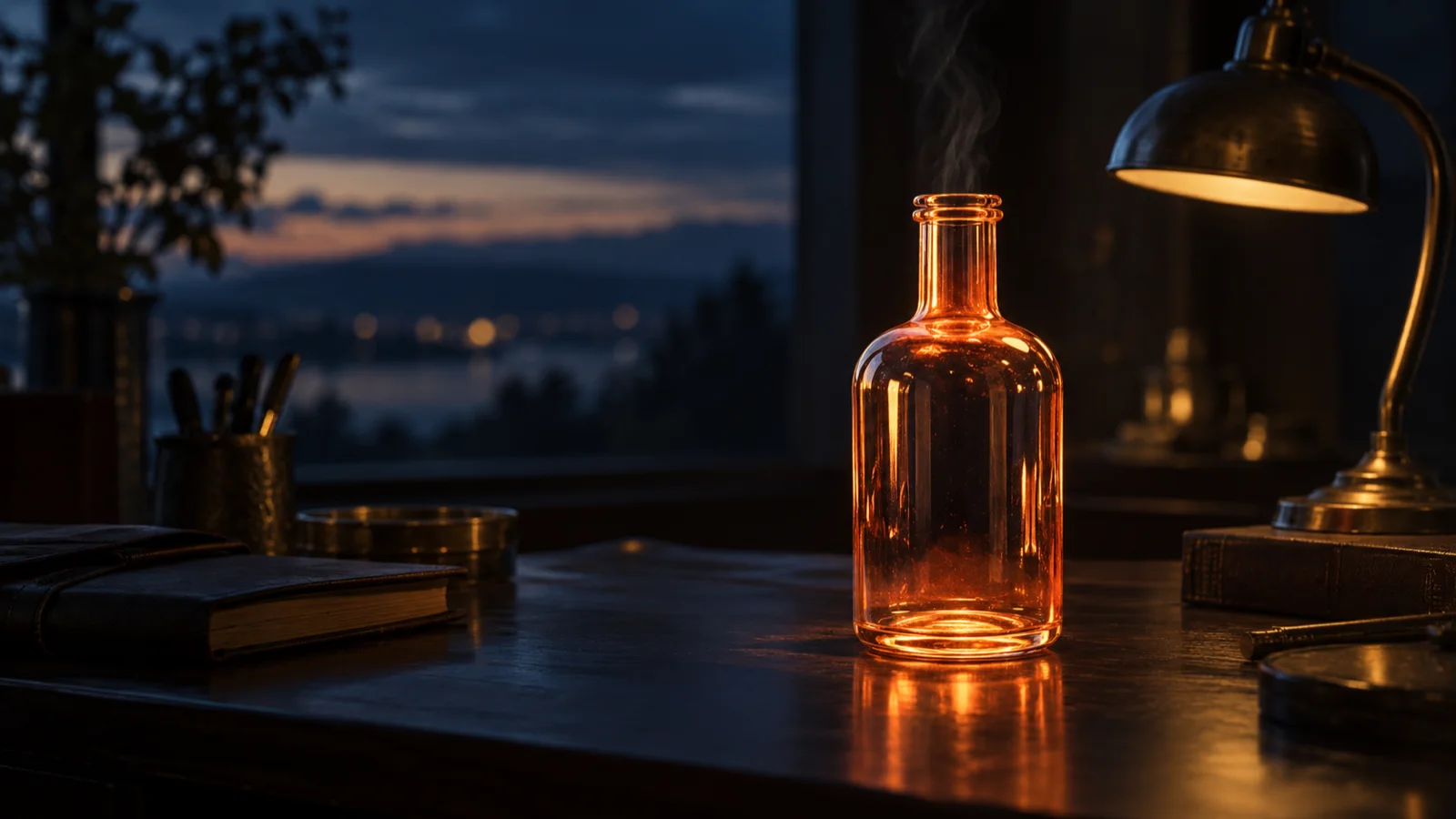 Una botella de vidrio recién formada, todavía incandescente, enfriándose sobre un escritorio en penumbra