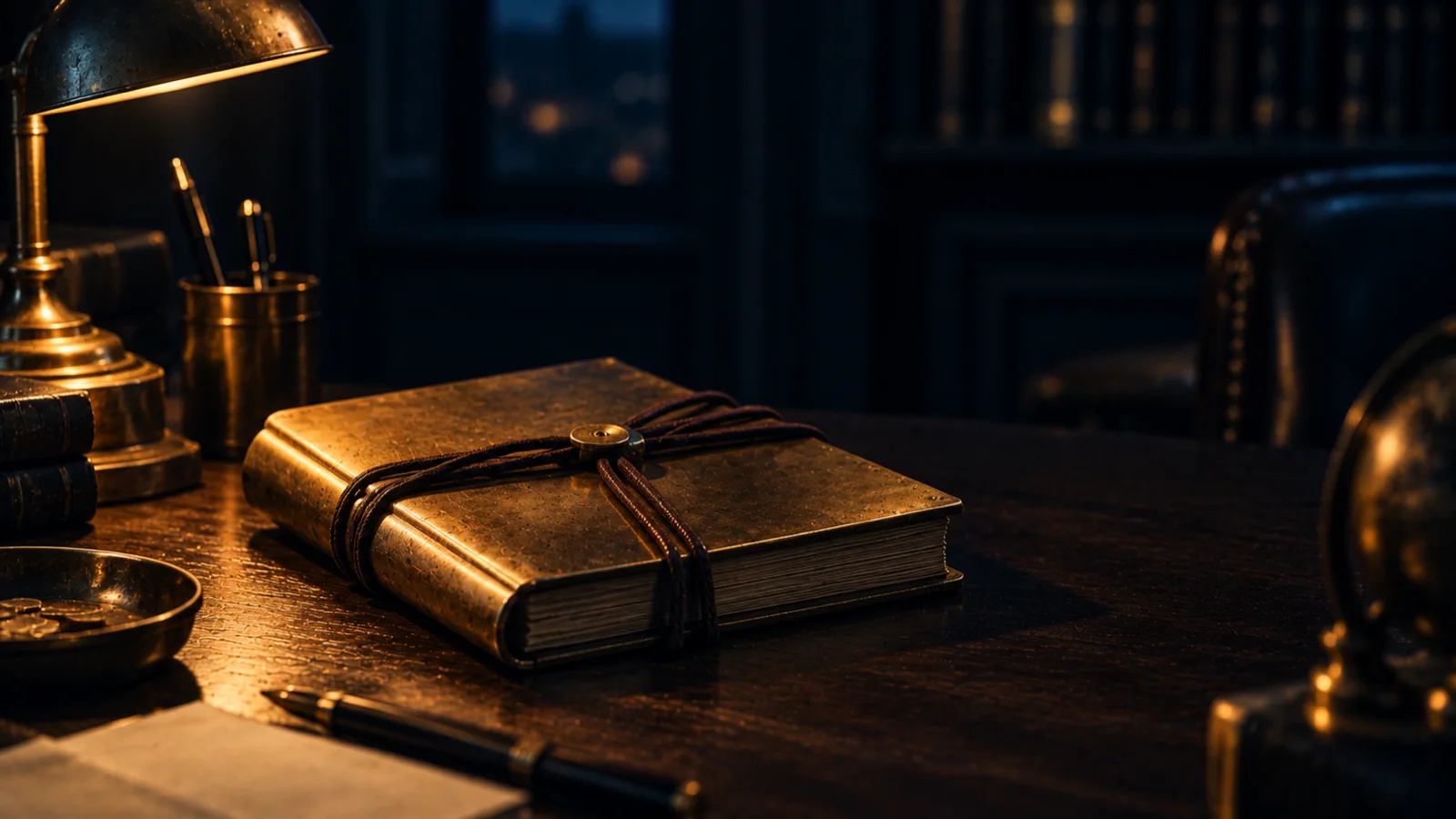 Un libro encuadernado en piel y atado con un cordel, cerrado sobre un escritorio a la luz de un flexo
