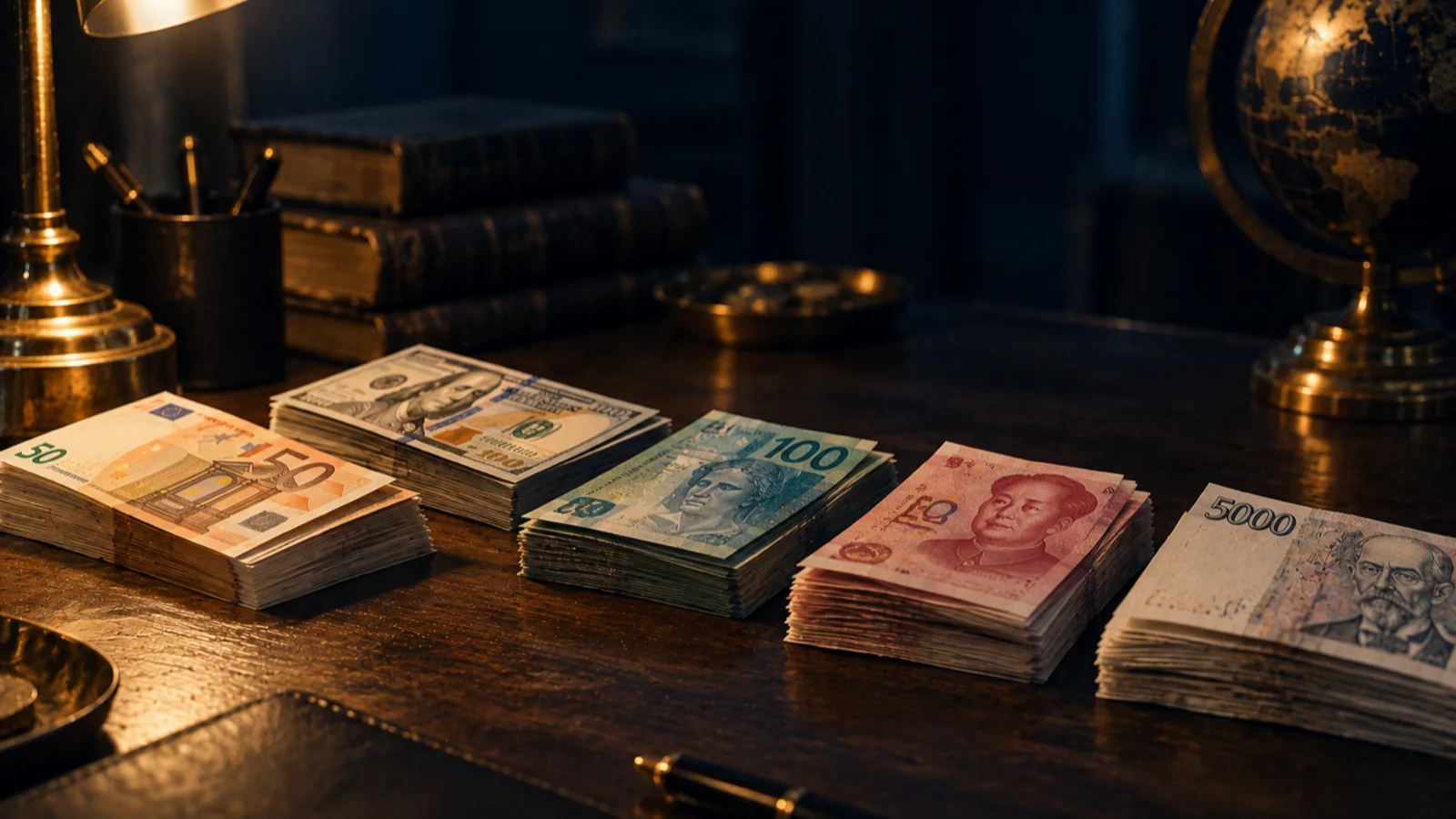 Fajos de billetes de euro, dólar, real brasileño, yuan y corona checa alineados sobre un escritorio de madera a la luz de un flexo